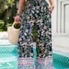 Floral Print Wide Stright Leg Pockets Elastic Pant