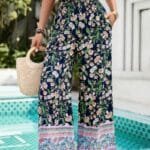 Floral Print Wide Stright Leg Pockets Elastic Pant
