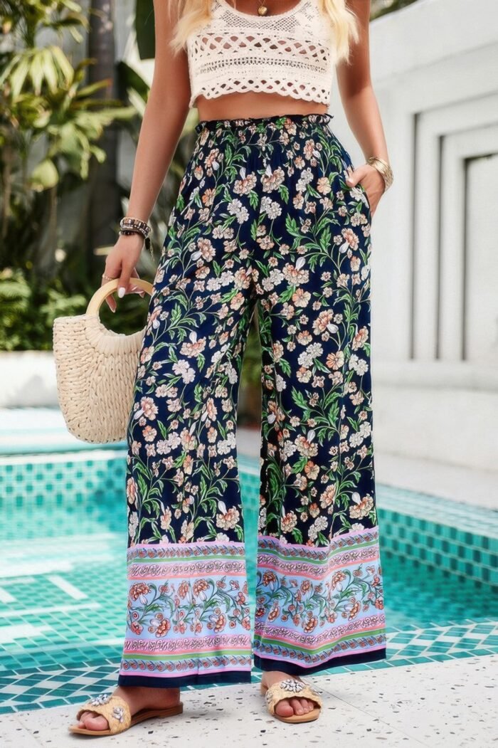 Floral Print Wide Stright Leg Pockets Elastic Pant - Image 1
