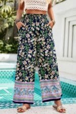 Floral Print Wide Stright Leg Pockets Elastic Pant