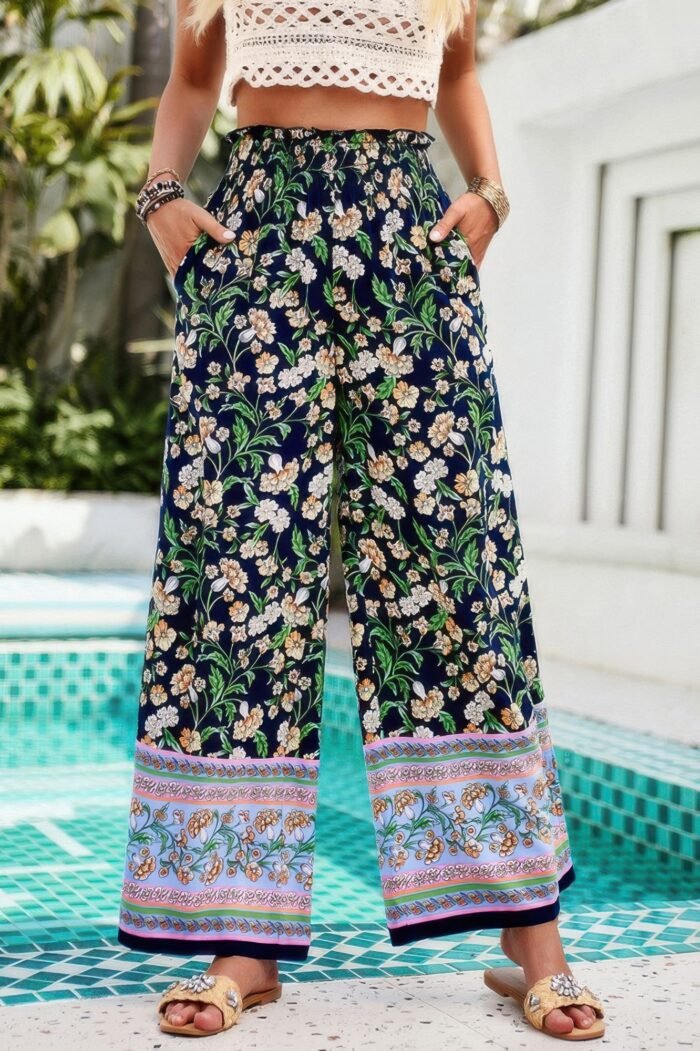 Floral Print Wide Stright Leg Pockets Elastic Pant - Image 2