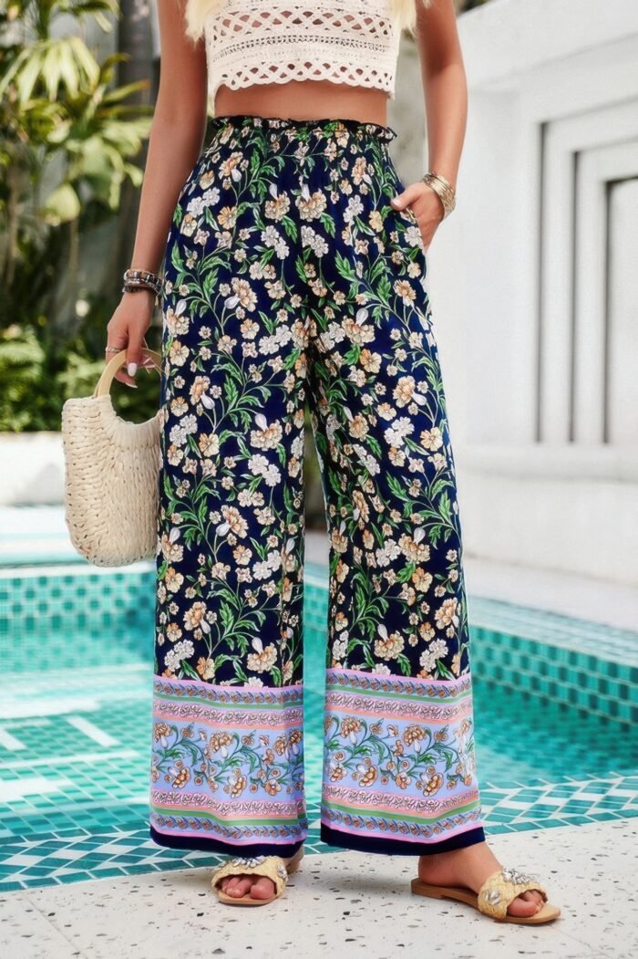 Floral Print Wide Stright Leg Pockets Elastic Pant - Image 3