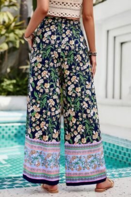 Floral Print Wide Stright Leg Pockets Elastic Pant Floral Print Wide Stright Leg Pockets Elastic Pant
