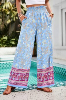 Floral Print Wide Stright Leg Pockets Elastic Pant Floral Print Wide Stright Leg Pockets Elastic Pant
