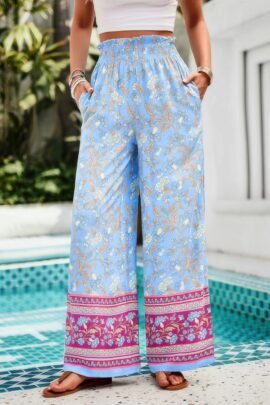 Floral Print Wide Stright Leg Pockets Elastic Pant Floral Print Wide Stright Leg Pockets Elastic Pant