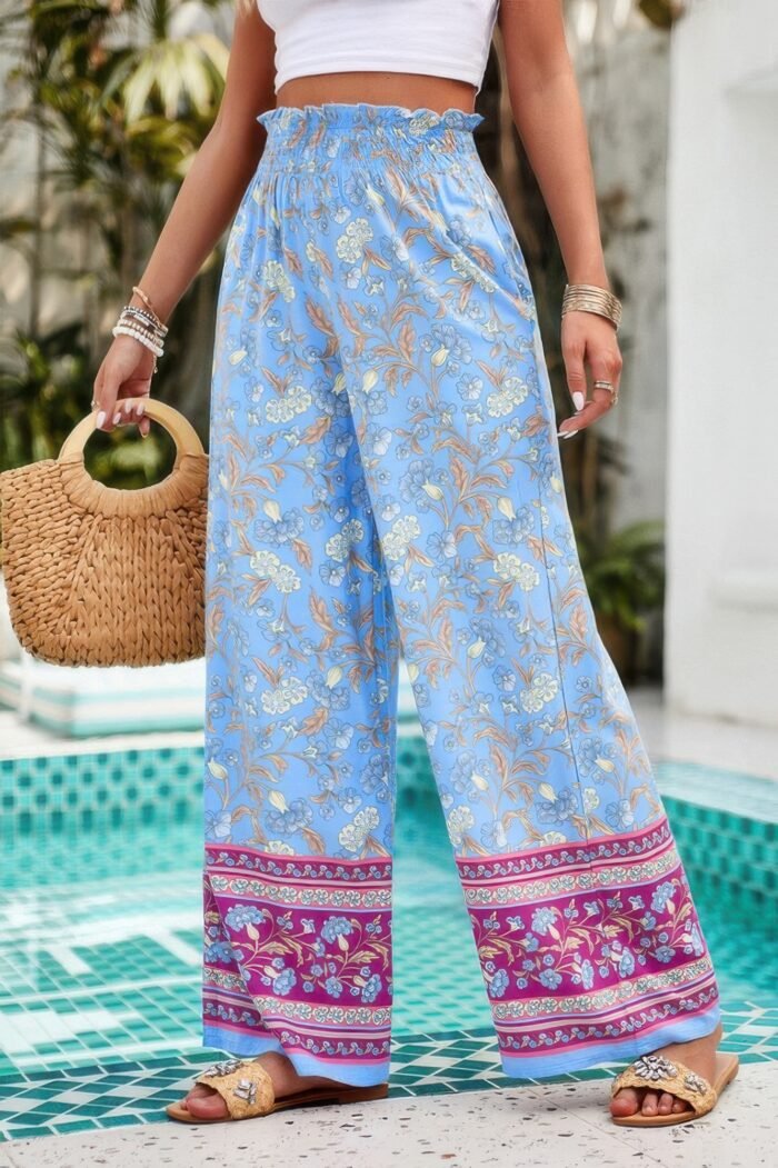 Floral Print Wide Stright Leg Pockets Elastic Pant - Image 8