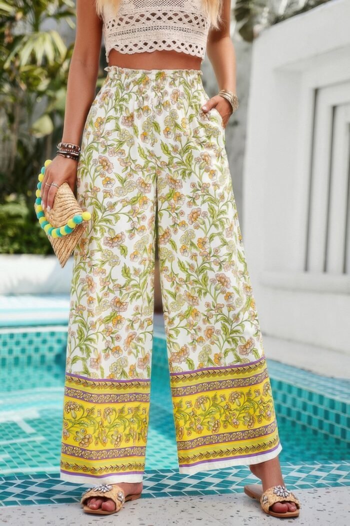 Floral Print Wide Stright Leg Pockets Elastic Pant - Image 10