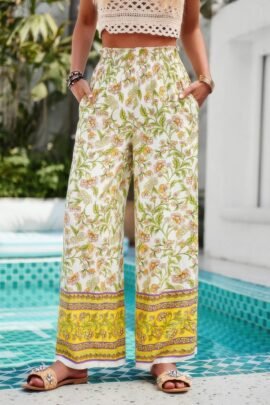 Floral Print Wide Stright Leg Pockets Elastic Pant Floral Print Wide Stright Leg Pockets Elastic Pant