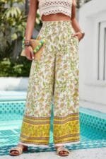 Floral Print Wide Stright Leg Pockets Elastic Pant