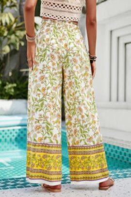 Floral Print Wide Stright Leg Pockets Elastic Pant Floral Print Wide Stright Leg Pockets Elastic Pant