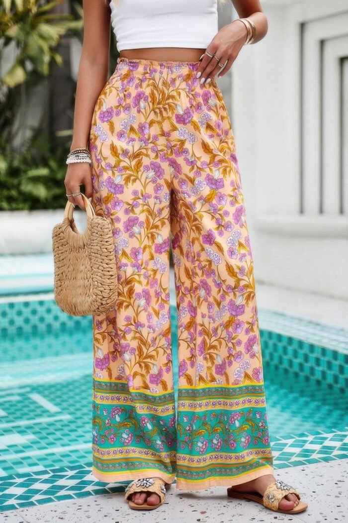Floral Print Wide Stright Leg Pockets Elastic Pant - Image 15
