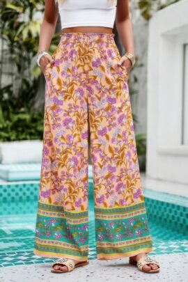Floral Print Wide Stright Leg Pockets Elastic Pant Floral Print Wide Stright Leg Pockets Elastic Pant
