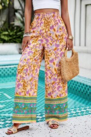 Floral Print Wide Stright Leg Pockets Elastic Pant Floral Print Wide Stright Leg Pockets Elastic Pant