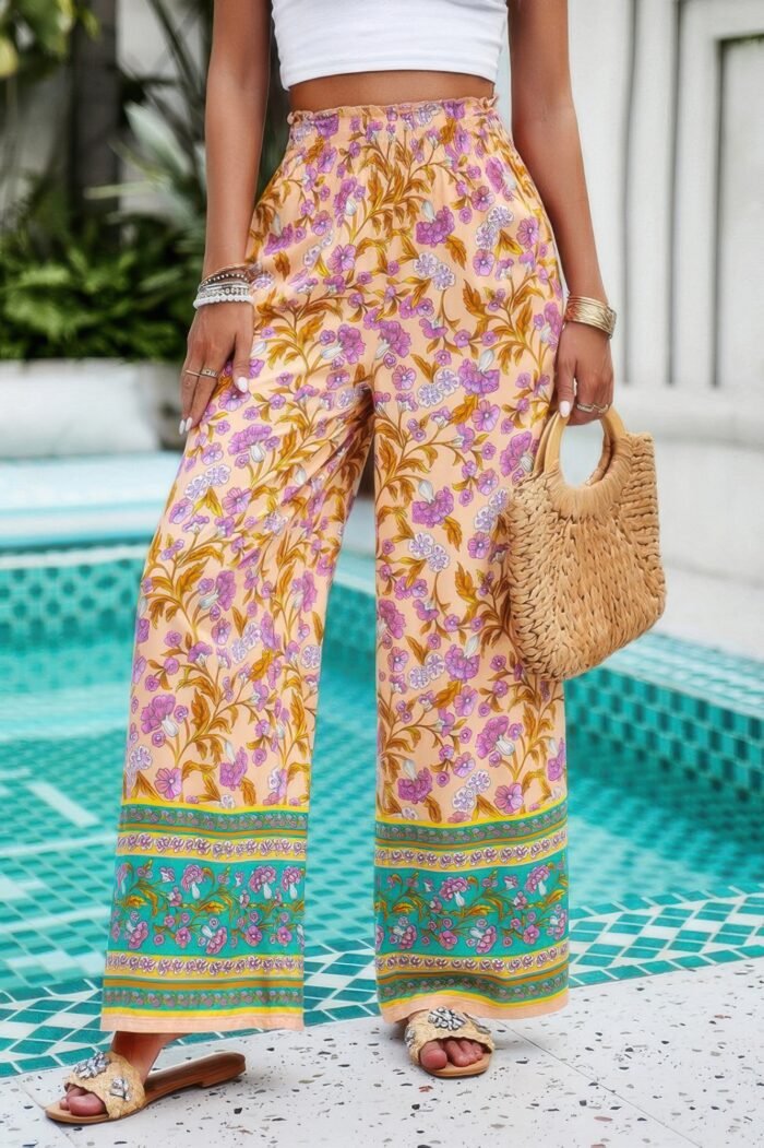 Floral Print Wide Stright Leg Pockets Elastic Pant - Image 17