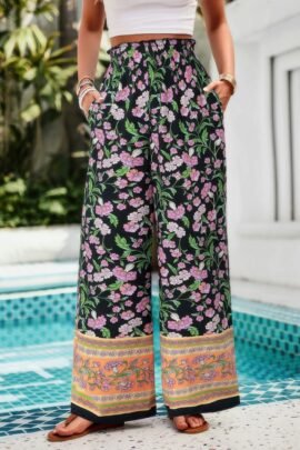 Floral Print Wide Stright Leg Pockets Elastic Pant Floral Print Wide Stright Leg Pockets Elastic Pant