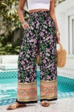 Floral Print Wide Stright Leg Pockets Elastic Pant