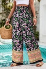Floral Print Wide Stright Leg Pockets Elastic Pant