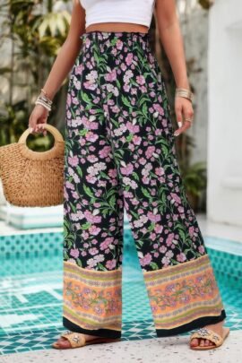 Floral Print Wide Stright Leg Pockets Elastic Pant Floral Print Wide Stright Leg Pockets Elastic Pant