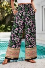 Floral Print Wide Stright Leg Pockets Elastic Pant