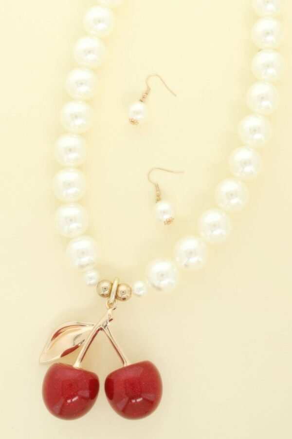 Cherry Pendant Pearl Necklace Set