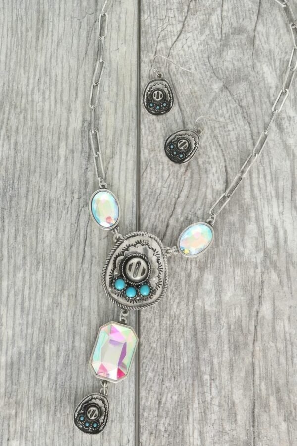 Western Gemstone Cowboy Hat Lariat Necklace Set
