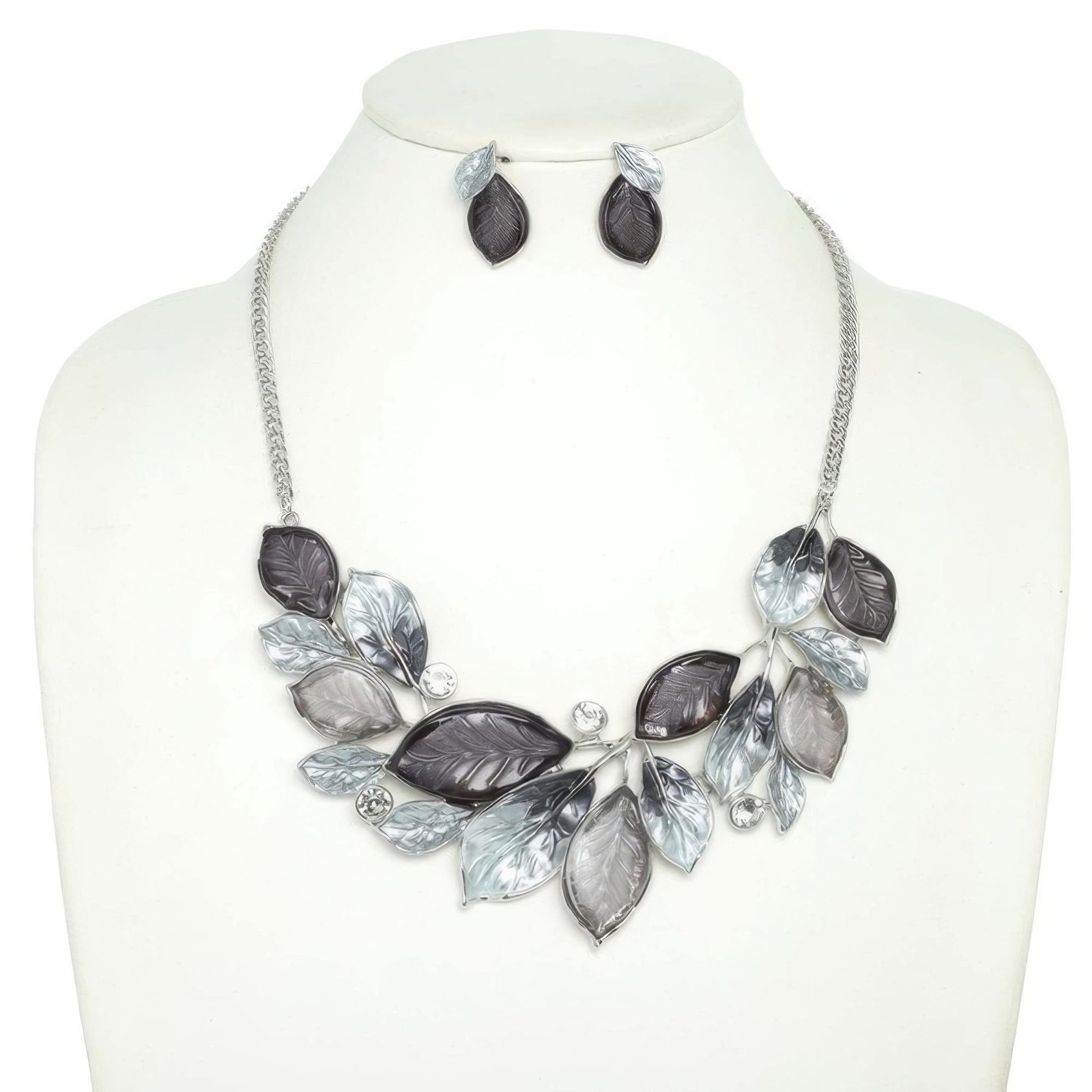 WH300025906.jpg Jeweled Leaf Branch Cluster Bib Necklace Set