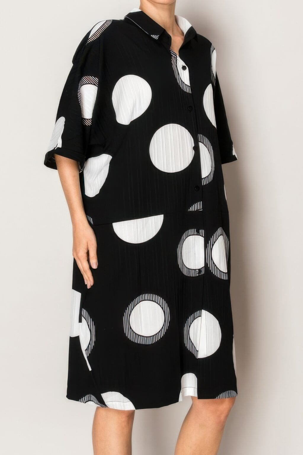 pleated lapel polka dot print shirtdress