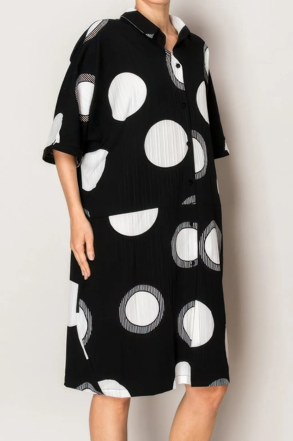 pleated lapel polka dot print shirtdress