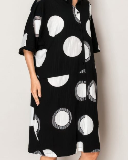 pleated lapel polka dot print shirtdress