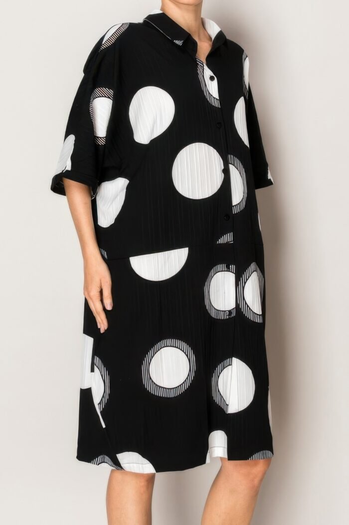 Pleated Lapel Polka Dot Print Shirtdress - Image 1