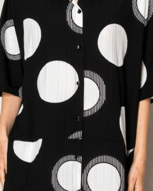pleated lapel polka dot print shirtdress