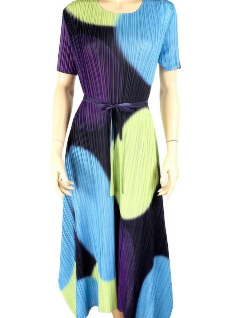 Cool Color Print Short-sleeve Pleated Midi Dress