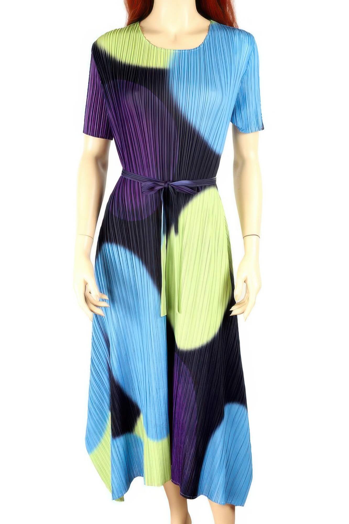 Cool Color Print Short-sleeve Pleated Midi Dress