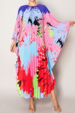 Vibrant Abstract Pleated Caftan Style Dress