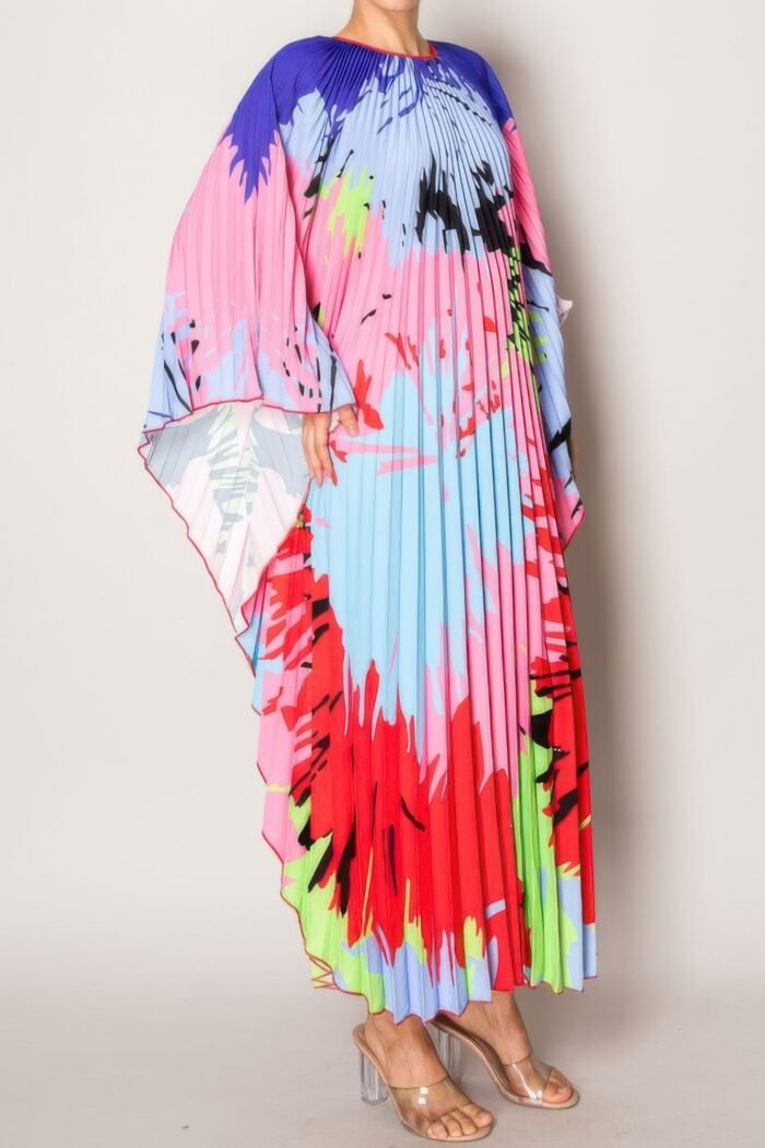 Vibrant Abstract Pleated Caftan Style Dress - Image 2