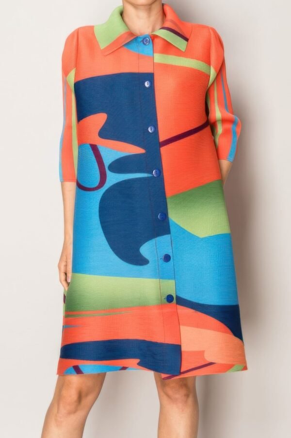 Abstract Print Pleated Lapel Shirtdress