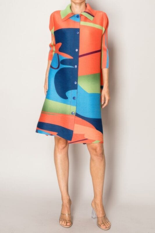 Abstract Print Pleated Lapel Shirtdress