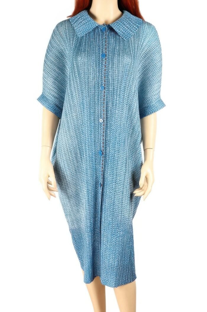 Pleated Lapel Button-up Blue Midi Shirtdress - Image 1