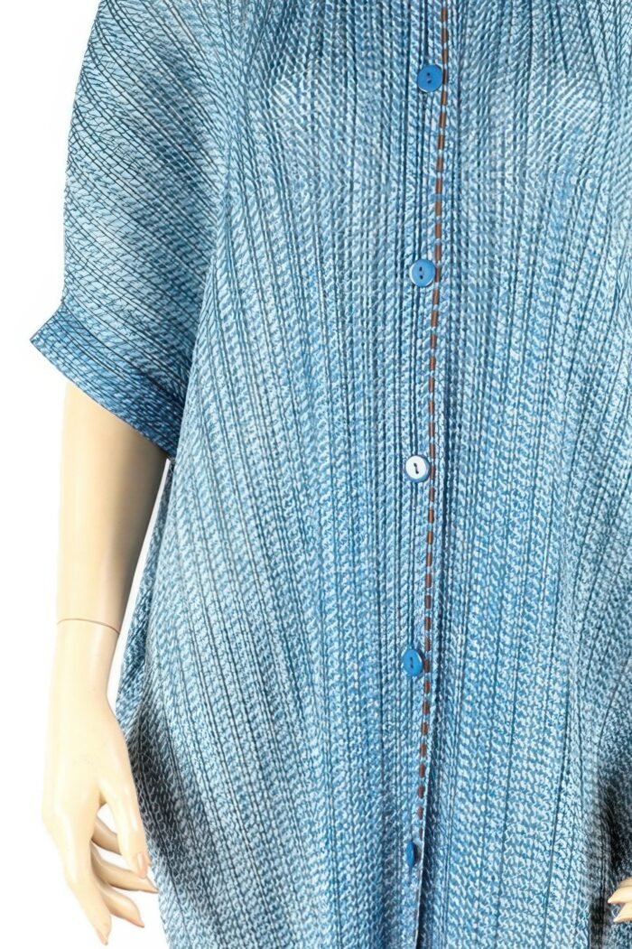 Pleated Lapel Button-up Blue Midi Shirtdress - Image 2