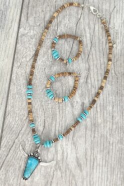 Western Wood Bead Mix Longhorn Necklace Set