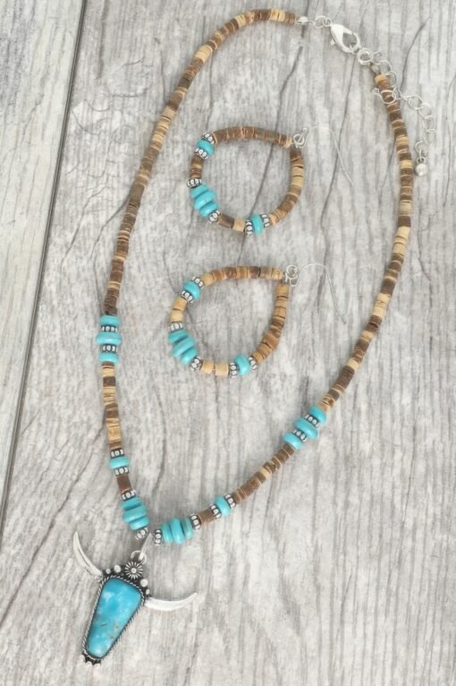 Western Wood Bead Mix Longhorn Necklace Set