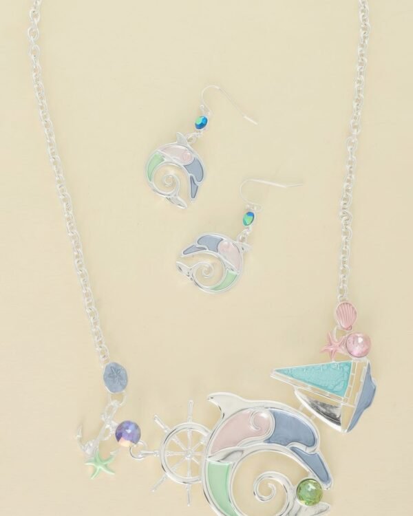 Sea Life Dolphin Rhinestone Metal Bib Necklace Set