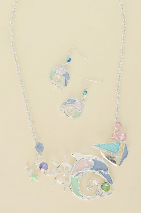 Sea Life Dolphin Rhinestone Metal Bib Necklace Set