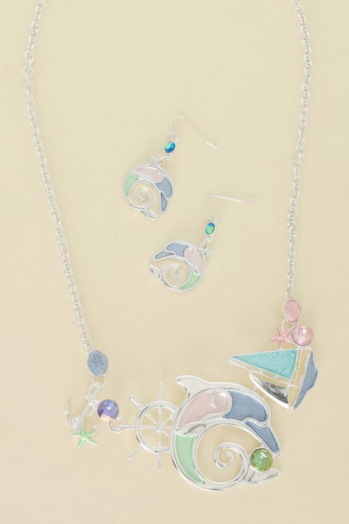 Sea Life Dolphin Rhinestone Metal Bib Necklace Set - Image 1