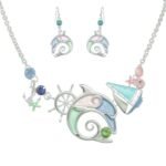 Sea Life Dolphin Rhinestone Metal Bib Necklace Set - Image 2