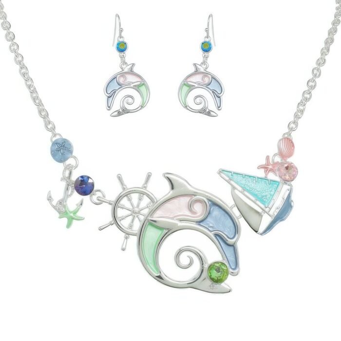 Sea Life Dolphin Rhinestone Metal Bib Necklace Set - Image 2