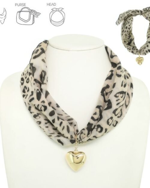 graphic print heart pendant scarf tie necklace