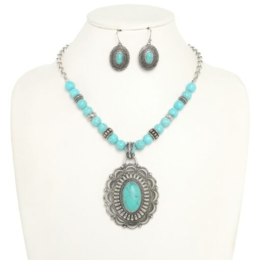 Western Oval Turquoise Concho Beaded Necklace Set