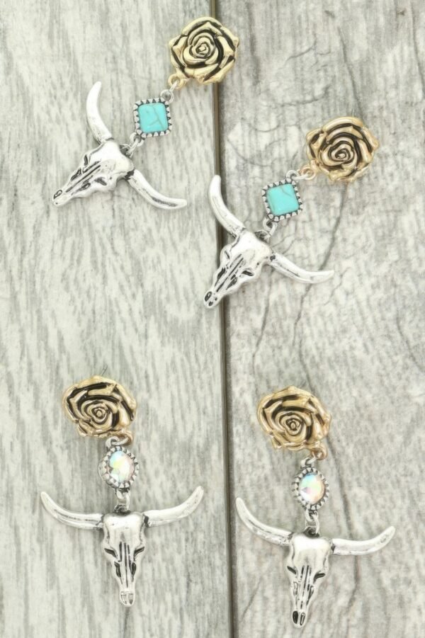 Western Floral Steer Skull Earrings