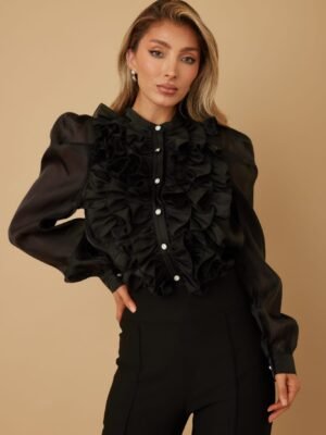 Ruffle Micro Crystal Long Sleeve Blouse